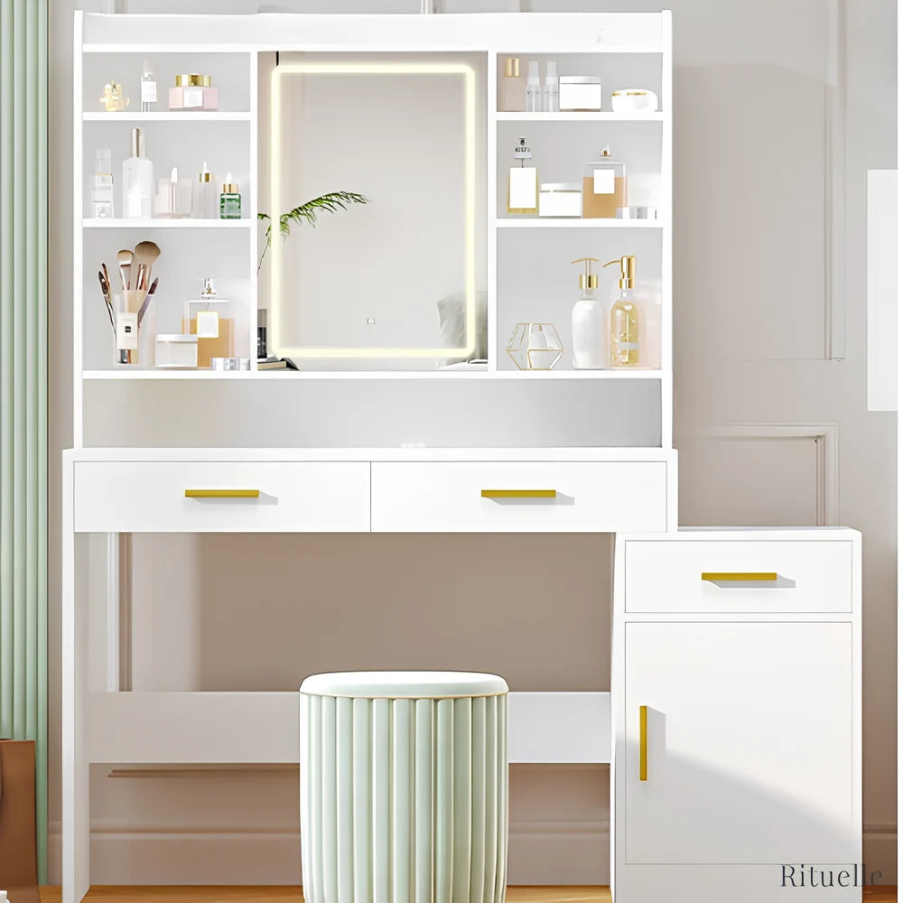 Coiffeuse Élise blanche avec miroir LED rectangulaire, rangements et tabouret élégant - RITUELLE