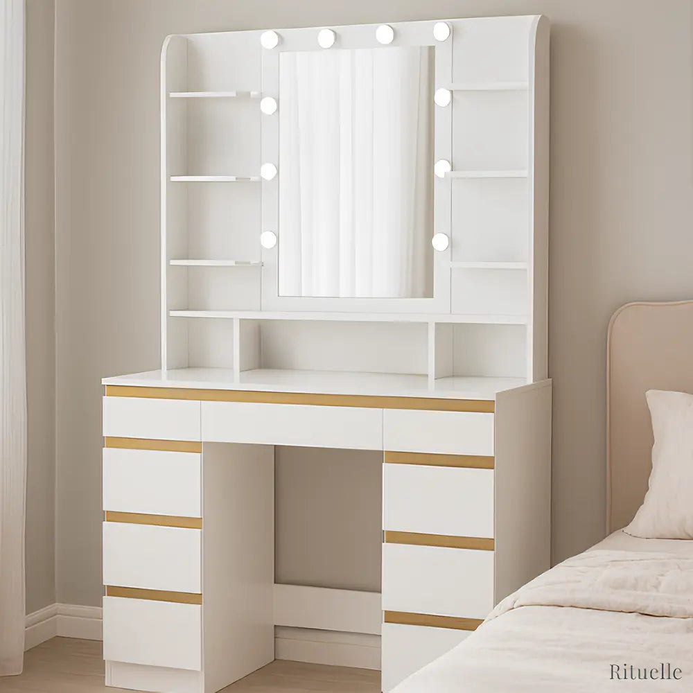 Coiffeuse Laure blanche avec miroir lumineux LED et nombreux tiroirs - mobilier maquillage RITUELLE