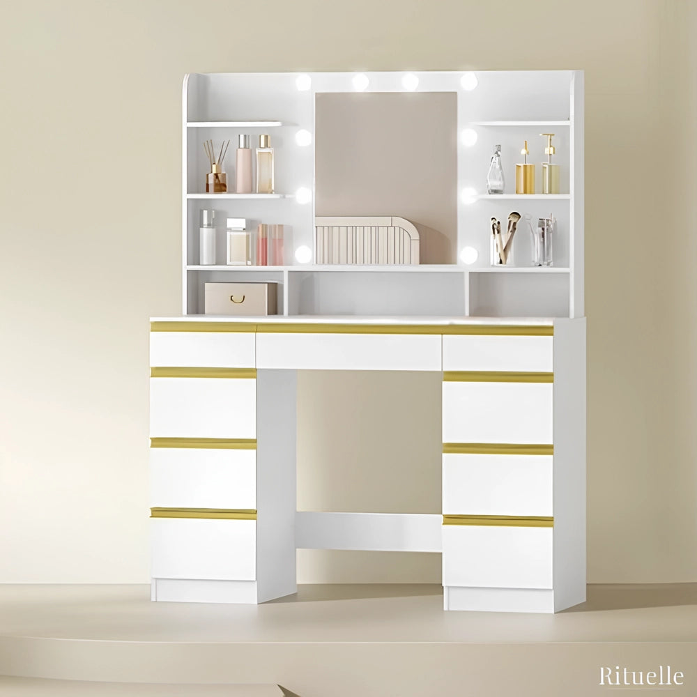 Coiffeuse Laure blanche avec miroir rectangulaire LED et rangements multiples dans une chambre moderne - RITUELLE