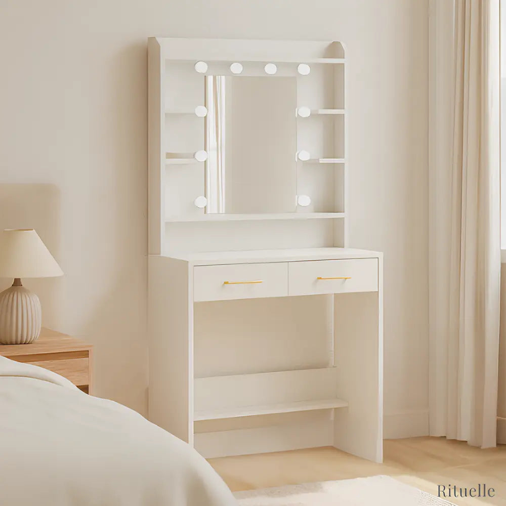Coiffeuse Maïa blanche avec miroir LED et tiroirs - mobilier maquillage moderne RITUELLE