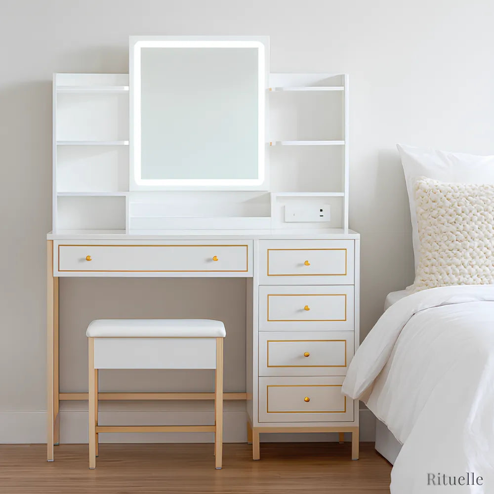 Coiffeuse Victoria style scandinave avec miroir LED rectangulaire, rangements multiples et tabouret assorti - RITUELLE
