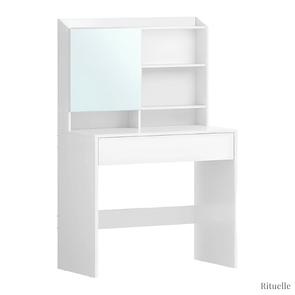 Coiffeuse compacte blanche avec miroir et étagères NINA – meuble maquillage moderne et fonctionnel pour chambre élégante.