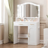 Coiffeuse Clara blanche avec miroir arrondi LED, tiroirs dorés et placard latéral - RITUELLE
