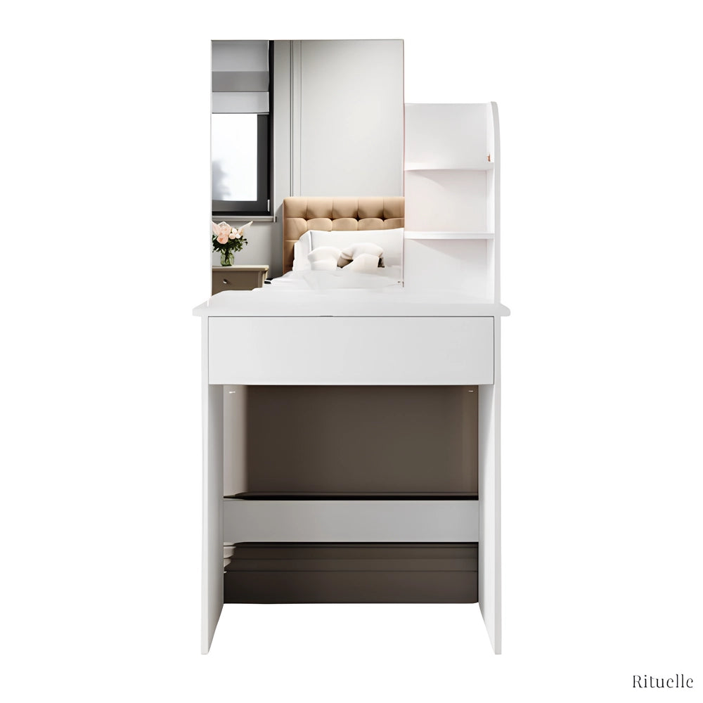 Coiffeuse blanche ÉLODIE avec miroir, tiroir central et étagères latérales – meuble maquillage moderne avec rangements pratiques pour chambre élégante.