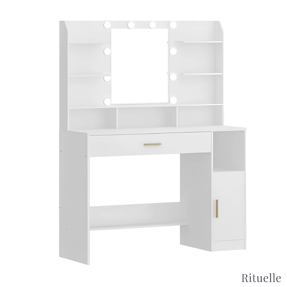 Coiffeuse blanche avec miroir LED et rangements – modèle ISALINE