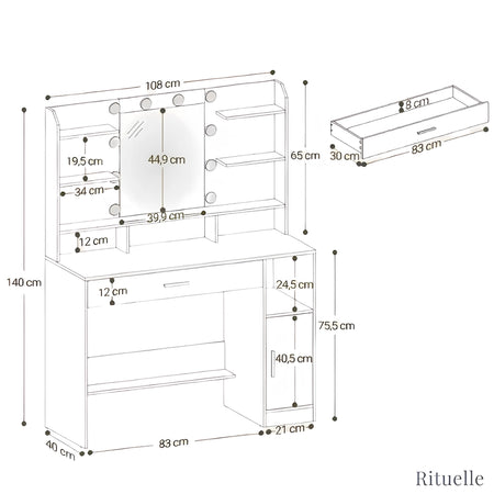 Schéma technique et dimensions de la coiffeuse Isaline avec miroir LED et rangements - RITUELLE