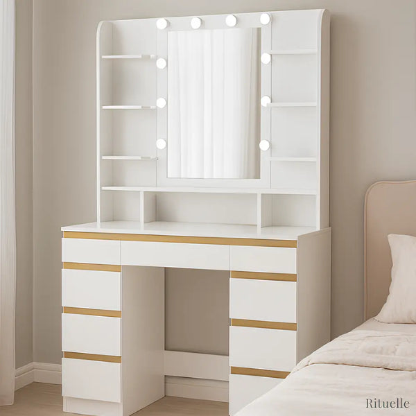 Coiffeuse Laure blanche avec miroir lumineux LED et nombreux tiroirs - mobilier maquillage RITUELLE
