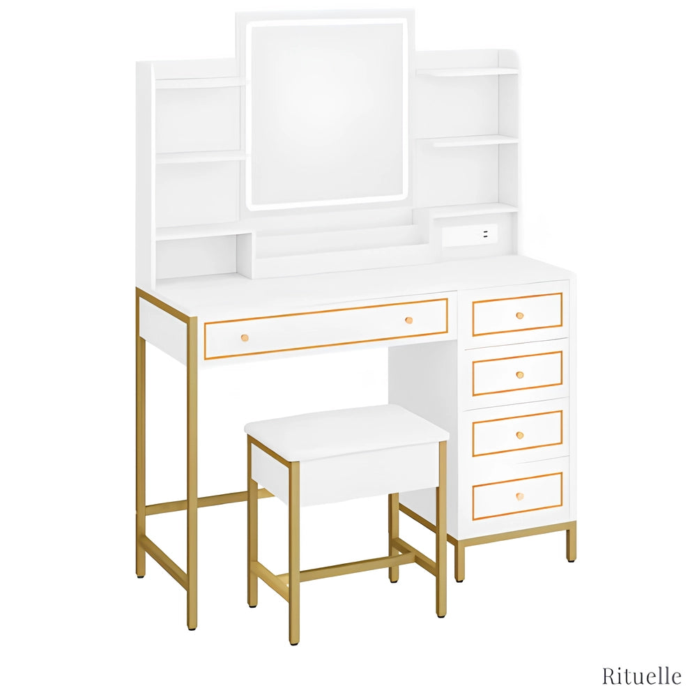 Coiffeuse blanche avec miroir et rangements multiples – modèle Victoria avec finitions dorées