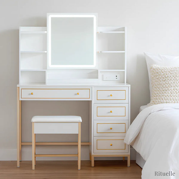 Coiffeuse Victoria style scandinave avec miroir LED rectangulaire, rangements multiples et tabouret assorti - RITUELLE
