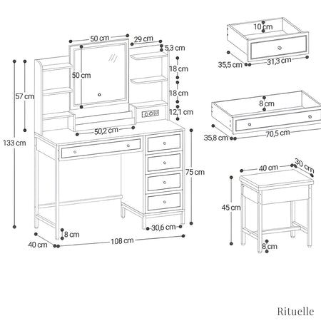 Schéma technique et dimensions de la coiffeuse Victoria avec miroir LED et rangements - RITUELLE