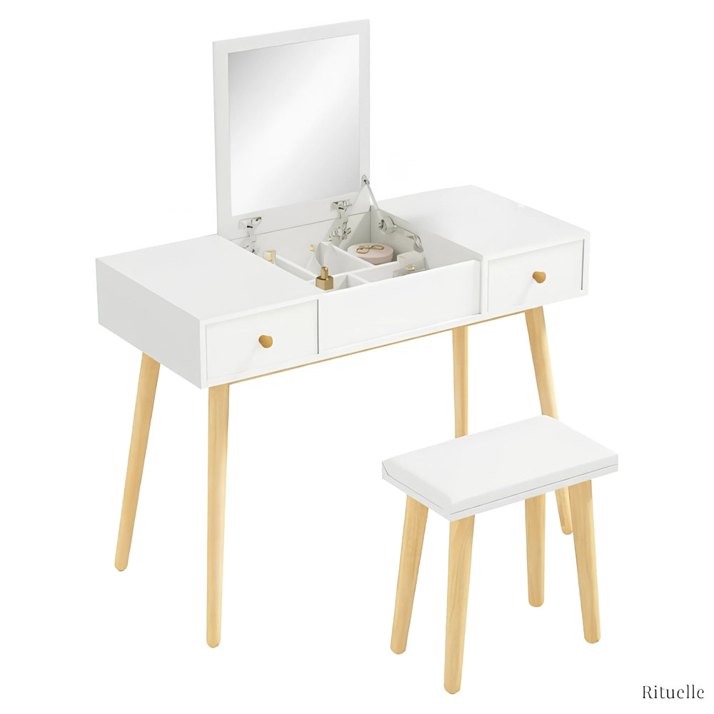 Coiffeuse blanche ANNA avec miroir rabattable et tabouret en bois – meuble maquillage élégant avec rangements intégrés