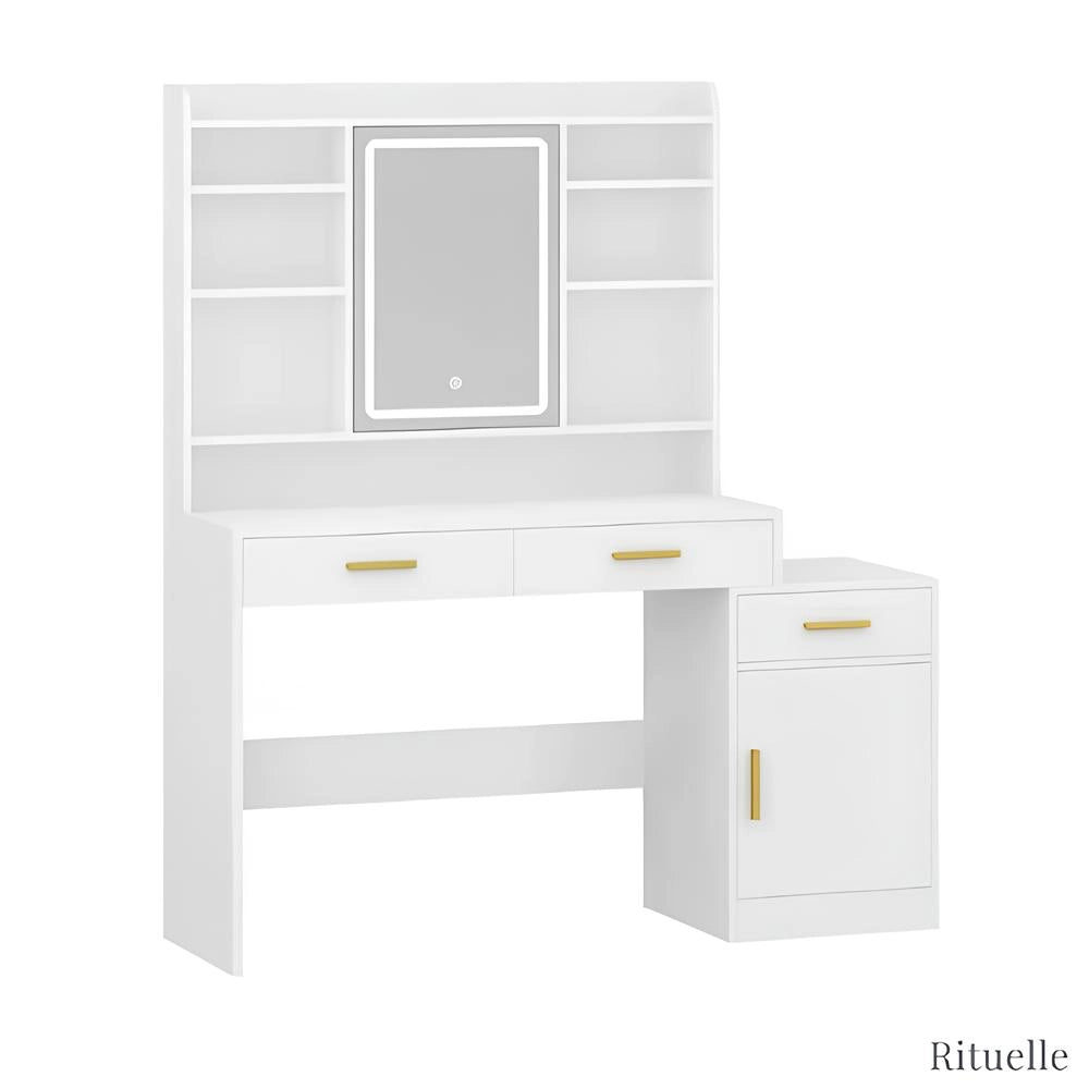 Coiffeuse blanche avec miroir LED rectangulaire et rangements latéraux – modèle Elise