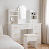 Coiffeuse Léna blanche avec miroir ovale, tiroirs dorés et tabouret - mobilier maquillage RITUELLE
