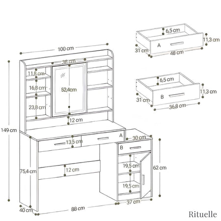 Schéma technique et dimensions de la coiffeuse ELISE avec miroir LED et rangements - RITUELLE