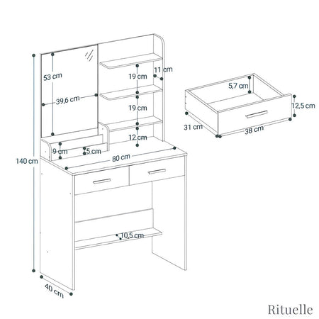 Schéma technique et dimensions de la coiffeuse avec miroir et rangements - RITUELLE